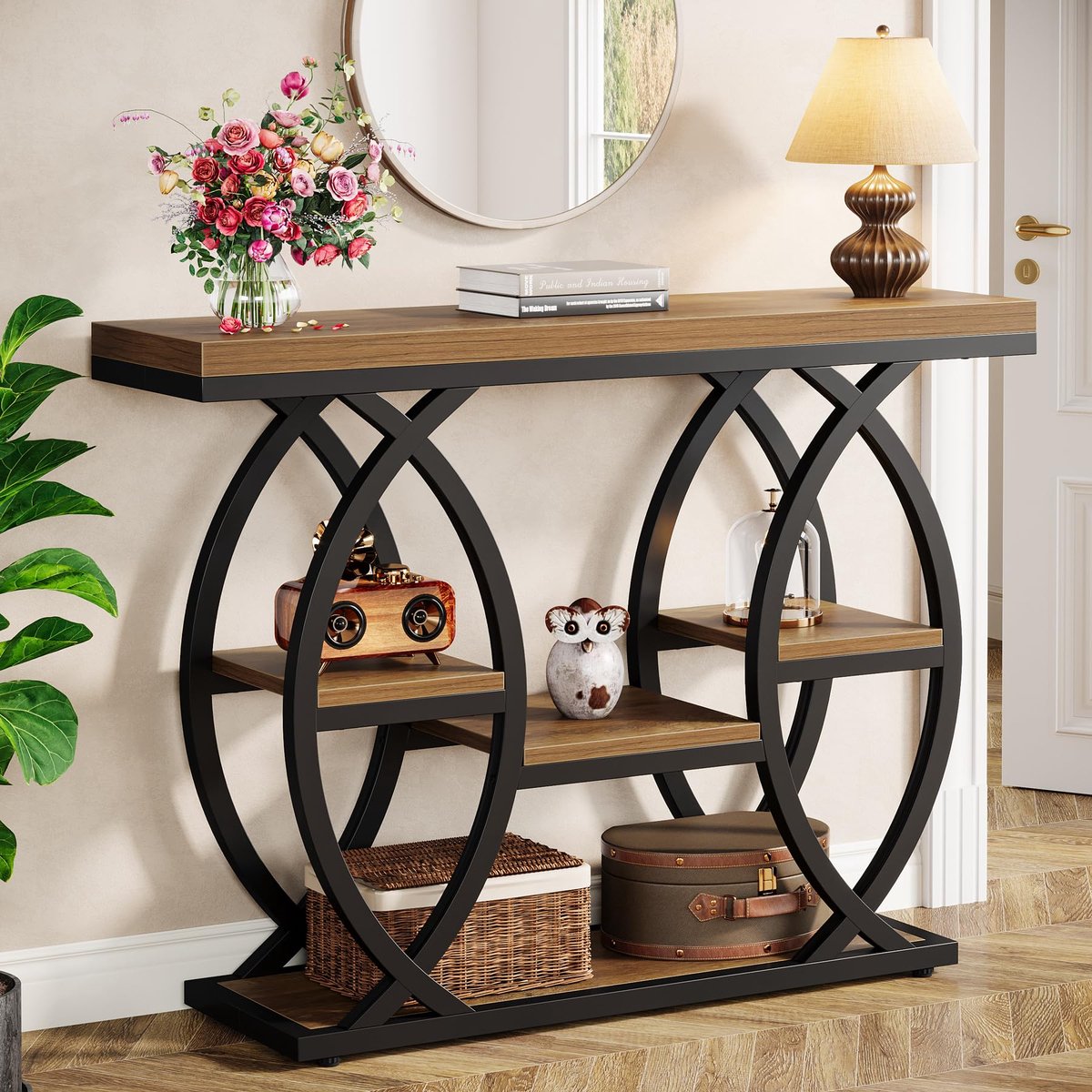 LITTLE TREE Industriële Consolentafel - 100 x 30 x 80 cm - 4 Legniveaus - Hout En Metalen Frame - Voor Hal En Entree - Bruin