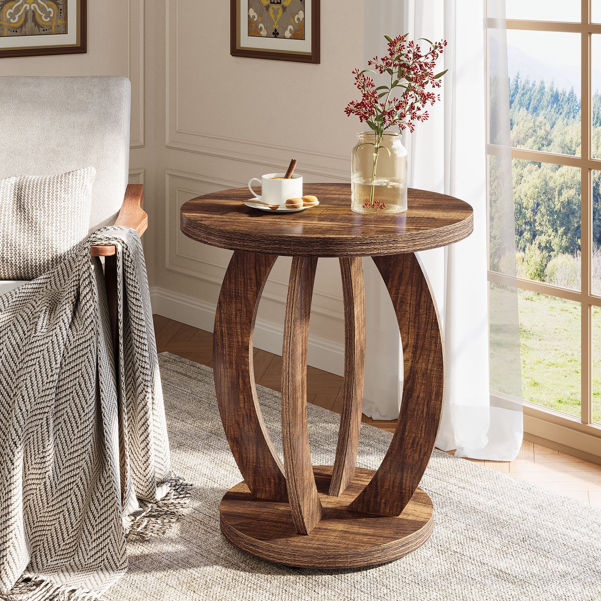 LITTLE TREE Ronde Bijtafel - 50 x 50 x 60 cm - Met Opbergruimte - Landhuisstijl - Houten Zijtafel - Voor Woonkamer & Slaapkamer