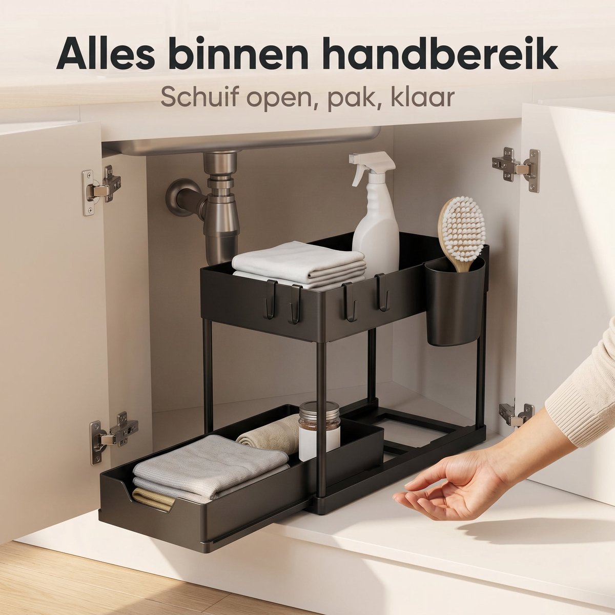 Cheqo® Onder de Gootsteen Organizer 2-Laags - Uittrekbare Kast Organizer - Keukenkast Organizer - Gootsteenorganizer - Uitschuifbare Schuiflade - Onderkast Organizer - Opbergrek voor Onder de Wastafel - Keuken en Badkamer Organizer - Zwart — cadeau in Cadeau-ideeën - foto 2