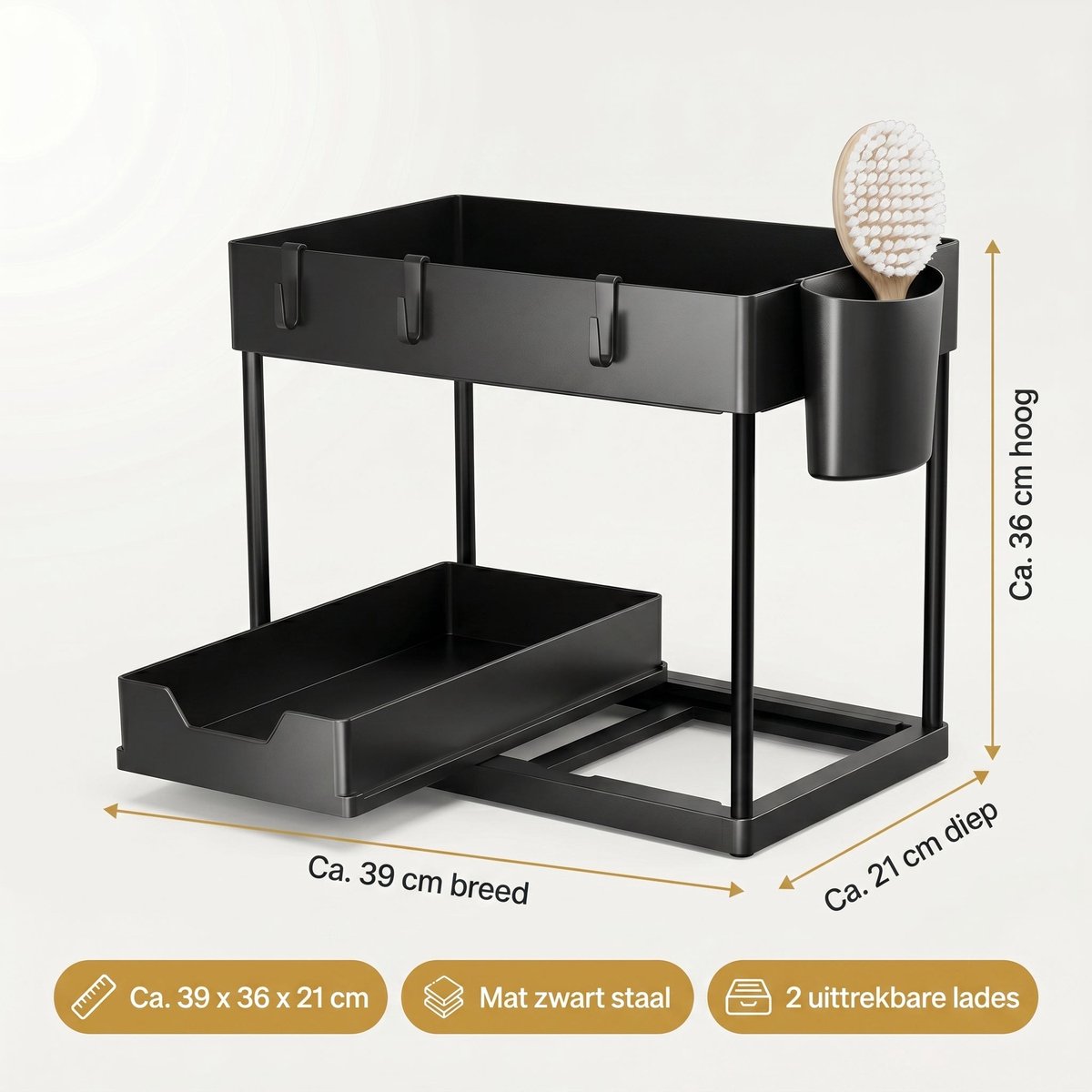 Cheqo® Onder de Gootsteen Organizer 2-Laags - Uittrekbare Kast Organizer - Keukenkast Organizer - Gootsteenorganizer - Uitschuifbare Schuiflade - Onderkast Organizer - Opbergrek voor Onder de Wastafel - Keuken en Badkamer Organizer - Zwart — cadeau in Cadeau-ideeën - foto 5