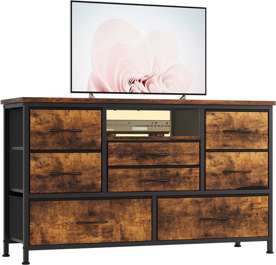 8-ladig Bruin tv-meubel met stopcontact, ledverlichting en stoffen lades, metalen frame en houten blad, geschikt voor 55-inch tv, dressoir en consoletafel voor woonkamer, slaapkamer en hal
