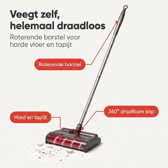 Cheqo® Elektrische Veger - Draadloze Vloerveger - Elektrische Bezem - Rolveger - Zwenkveger - Accu Bezem - Oplaadbare Veger - Veegborstel - Vloerreiniger met Roterende Borstel - voor Harde Vloeren en Tapijt - Draaibaar - Swivel Sweeper van Cheqo — afbeelding 2