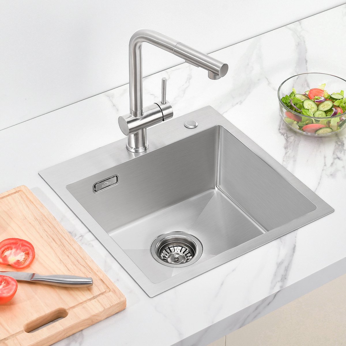 Auralum MAX Spoelbak Keuken 45x45 cm - Gootsteen RVS Geborsteld - Enkele Wasbak Met Kraangat - Inclusief Sifon - Opbouw & Vlakbouw