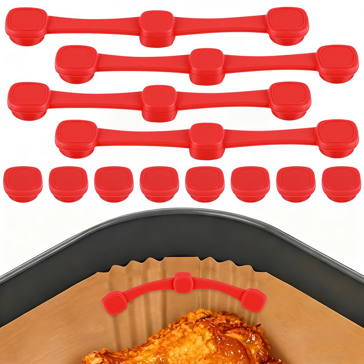 Lemlit Airfryer Magneten 12 Stuks - 10,3 cm - Siliconen Bakpapier Houder voor IJzeren Airfryermand - Hittebestendige Airfryer Accessoires - Rood - Vierkant​