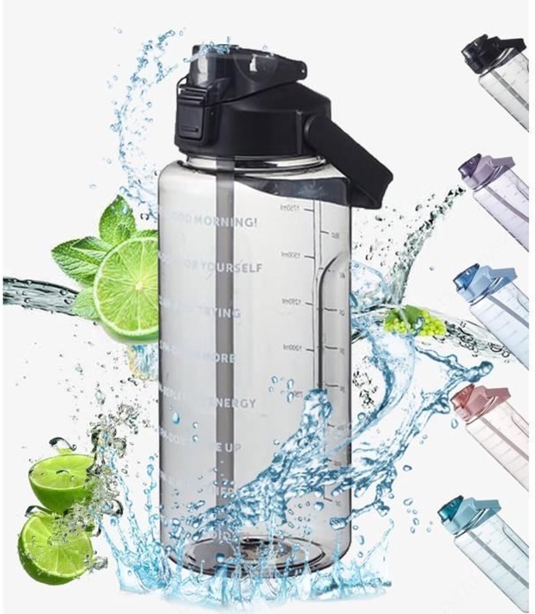 2-liter waterfles met kleurverloop, handvat, waterdicht, Geschikt Geschikt wandelen, sporten en fitness (zwart).
