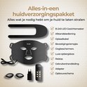 Onderdelen van het Parvale B-240 LED Gezichtsmasker pakket: masker, afstandsbediening, oplaadkabel, oogbeschermers, luxe opbergdoos, etc. "Alles-in-een huidverzorgingspakket".