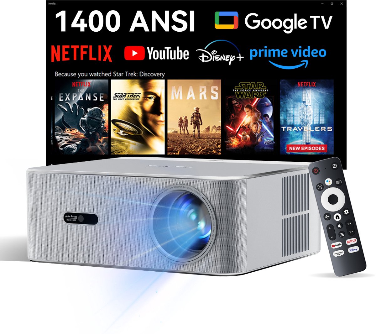 OSCAL PV800 Pro Beamer - 14000 Lumen, WiFi 6, Google TV & Netflix Gecertificeerd, HDR10+, Autofocus, 6D Trapeziumcorrectie, HiFi Geluid, 40-200" Projectie, 10000+ Apps, Thuiscinema & Buitenprojector, Zilver