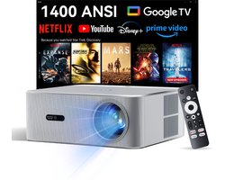 OSCAL PV800 Pro Beamer - 14000 Lumen, WiFi 6, Google TV & Netflix Gecertificeerd, HDR10+, Autofocus, 6D Trapeziumcorrectie, HiFi Geluid, 40-200" Projectie, 10000+ Apps, Thuiscinema & Buitenprojector, Zilver