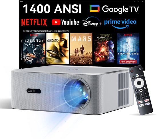 OSCAL PV800 Pro Beamer 14000 Lumen Full HD 1080p HDR10+ WiFi 6 Google TV Netflix Netflix YouTube Prime Video Disney+