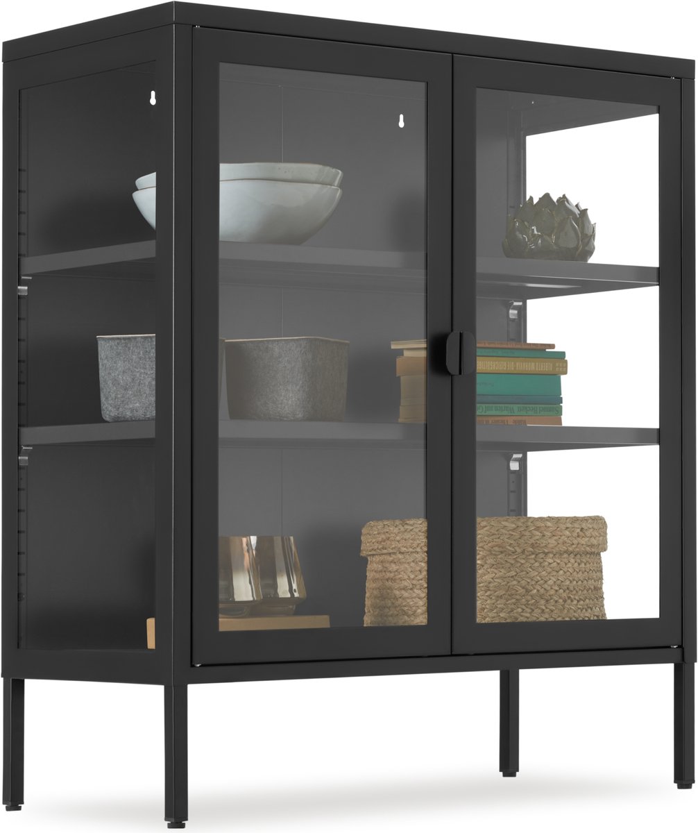 tectake® Metalen Vitrinekast - 80 x 37 x 90,5 cm - Glazen Deuren met Magneetsluiting - Industriële Lowboard Kast op Poten - Verstelbare Legplanken - Buffetkast - Vitrine Kastje - Zwart