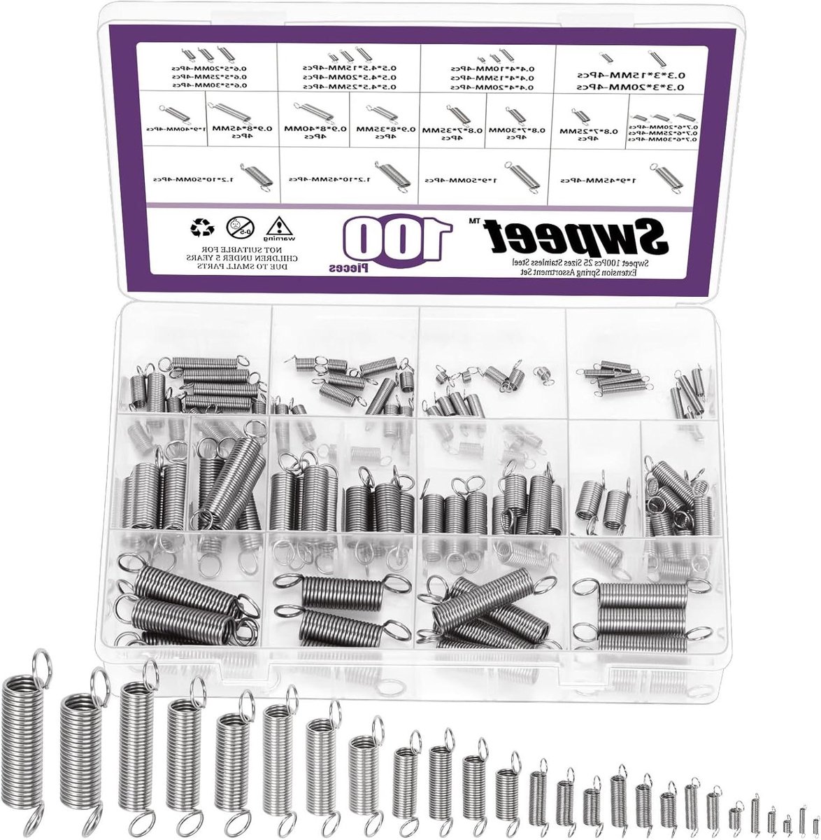 Swpeet 100 stuks 25 verschillende maten roestvrij staal verlengingsveer met een dual haak assortiment kit, mechanische verlengingsveren kleine veer voor huisreparaties