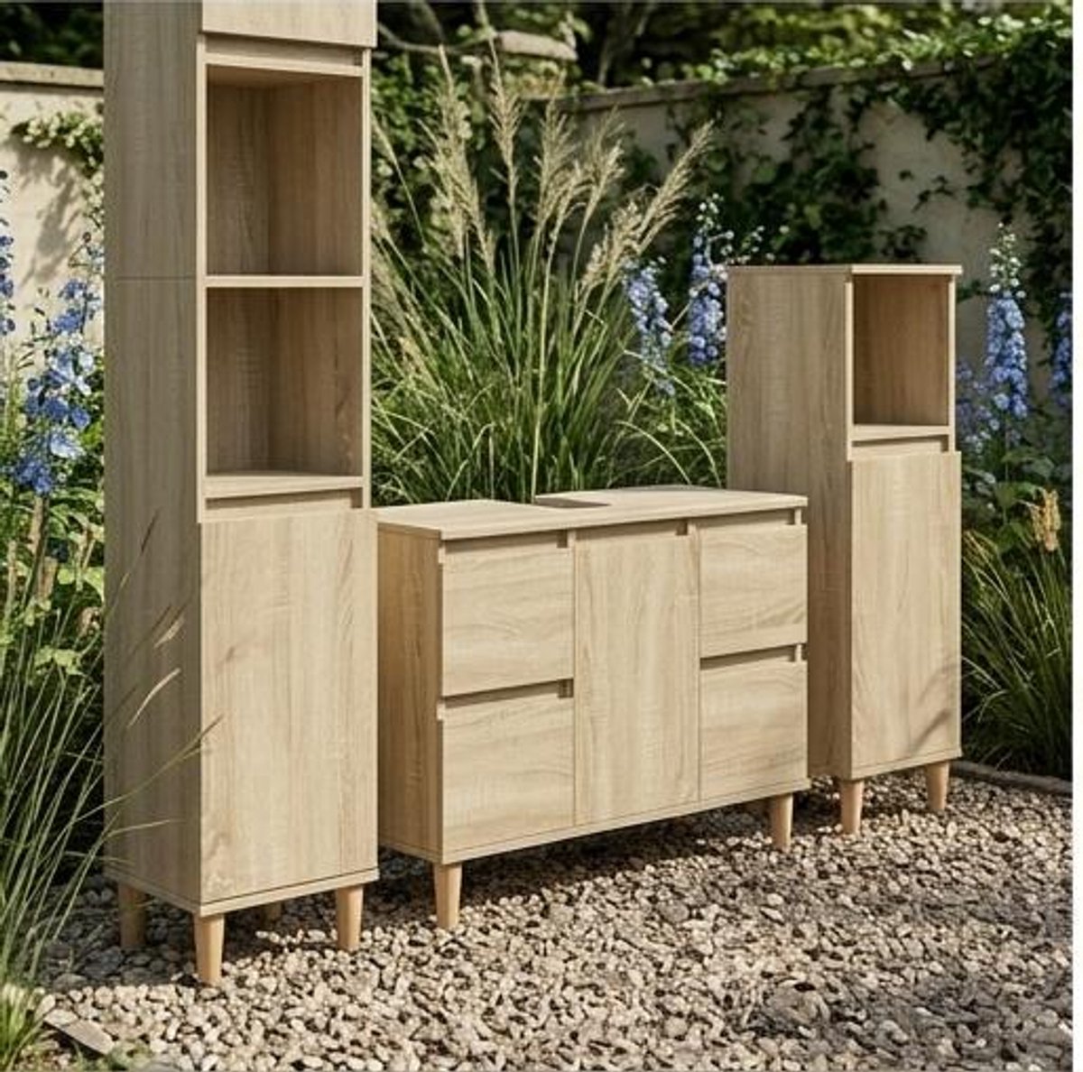 Badkamermeubel set 3-delig – wastafelonderkast, midikast en hoge kast met houten poten, moderne opbergkast wit – Urbanhome