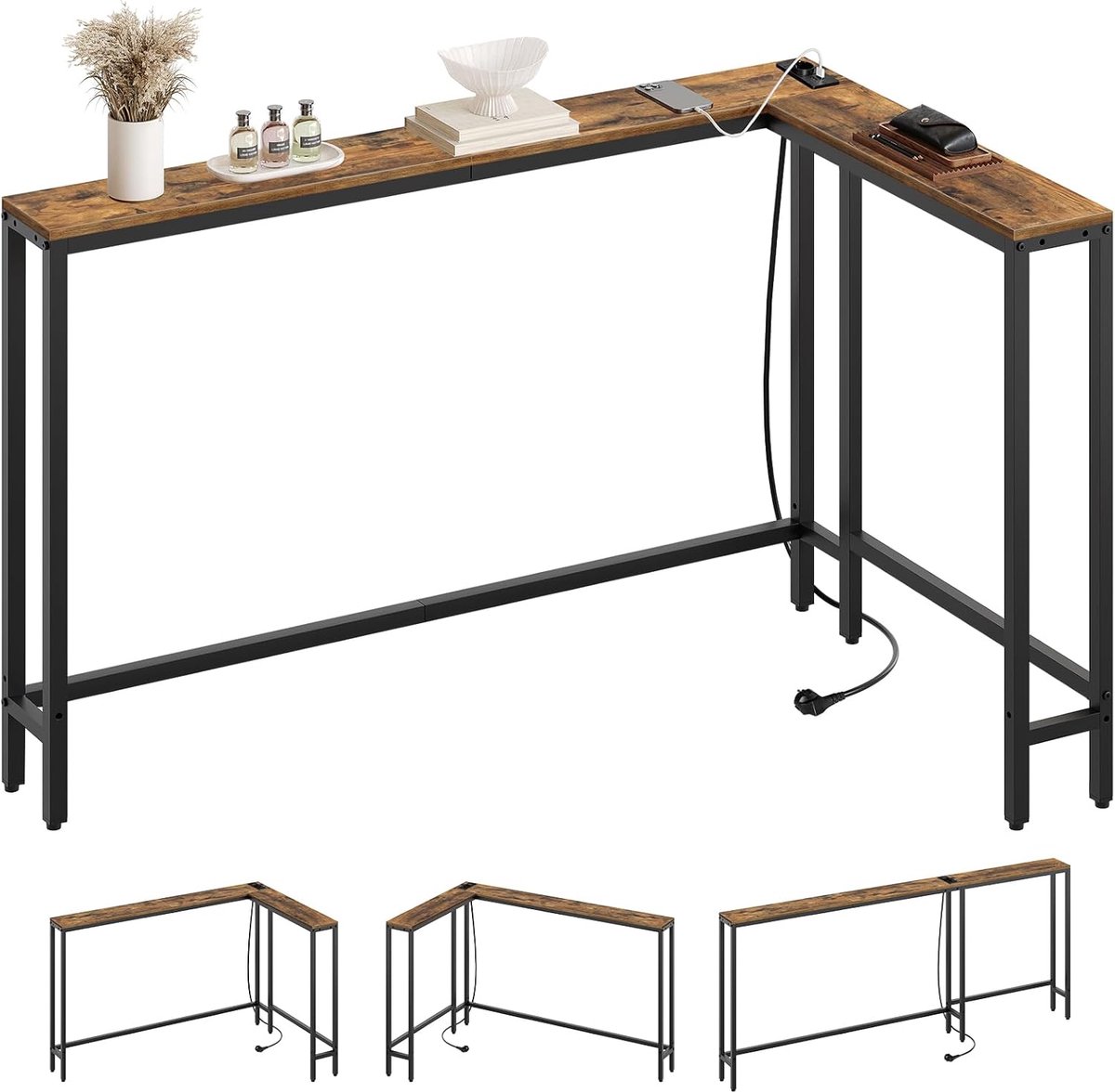 HOMESY Consoletafel smal, 180 cm L-vormige ingangstafel, 15 cm brede gangtafel, 3 combinatiemodi, 1 stopcontact en 2 USB-poorten, voor woonkamer, hal, achter de bank, vintage bruin