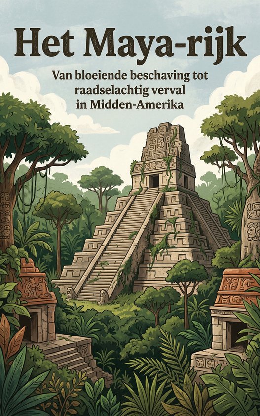 Een Maya-piramide midden in een weelderige jungle, met de titel "Het Maya-rijk".