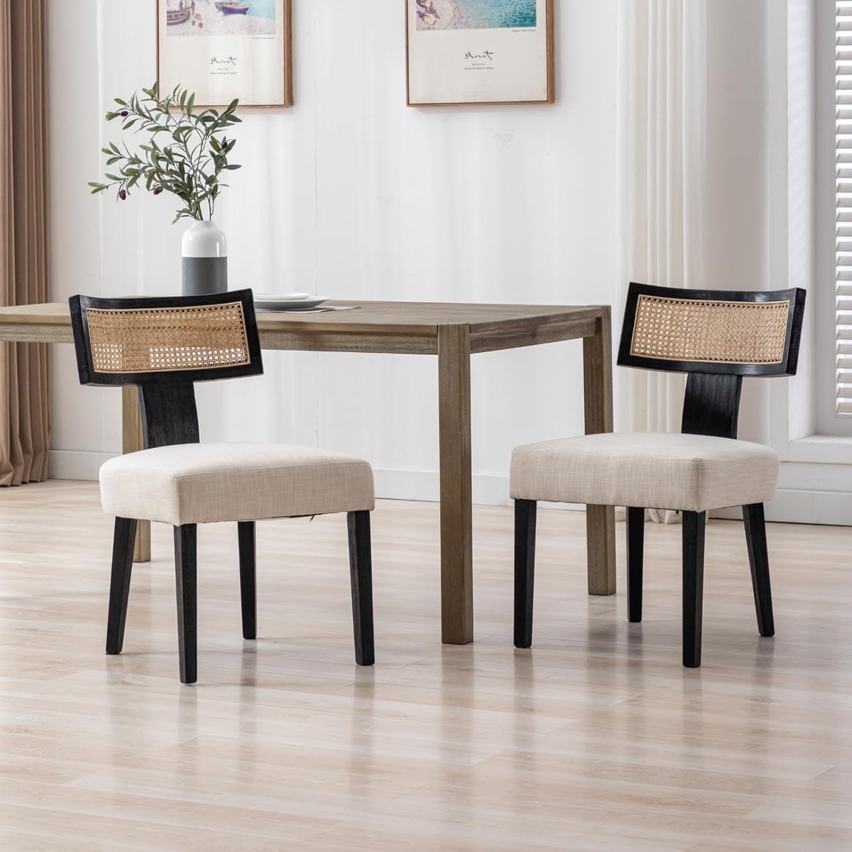 Eetkamerstoelen set van 2 – Vintage zwarte gestoffeerde houten stoelen met rotan rugleuning, 58x52x87 cm, comfortabele kussens, armloos, retro stijl – Laura