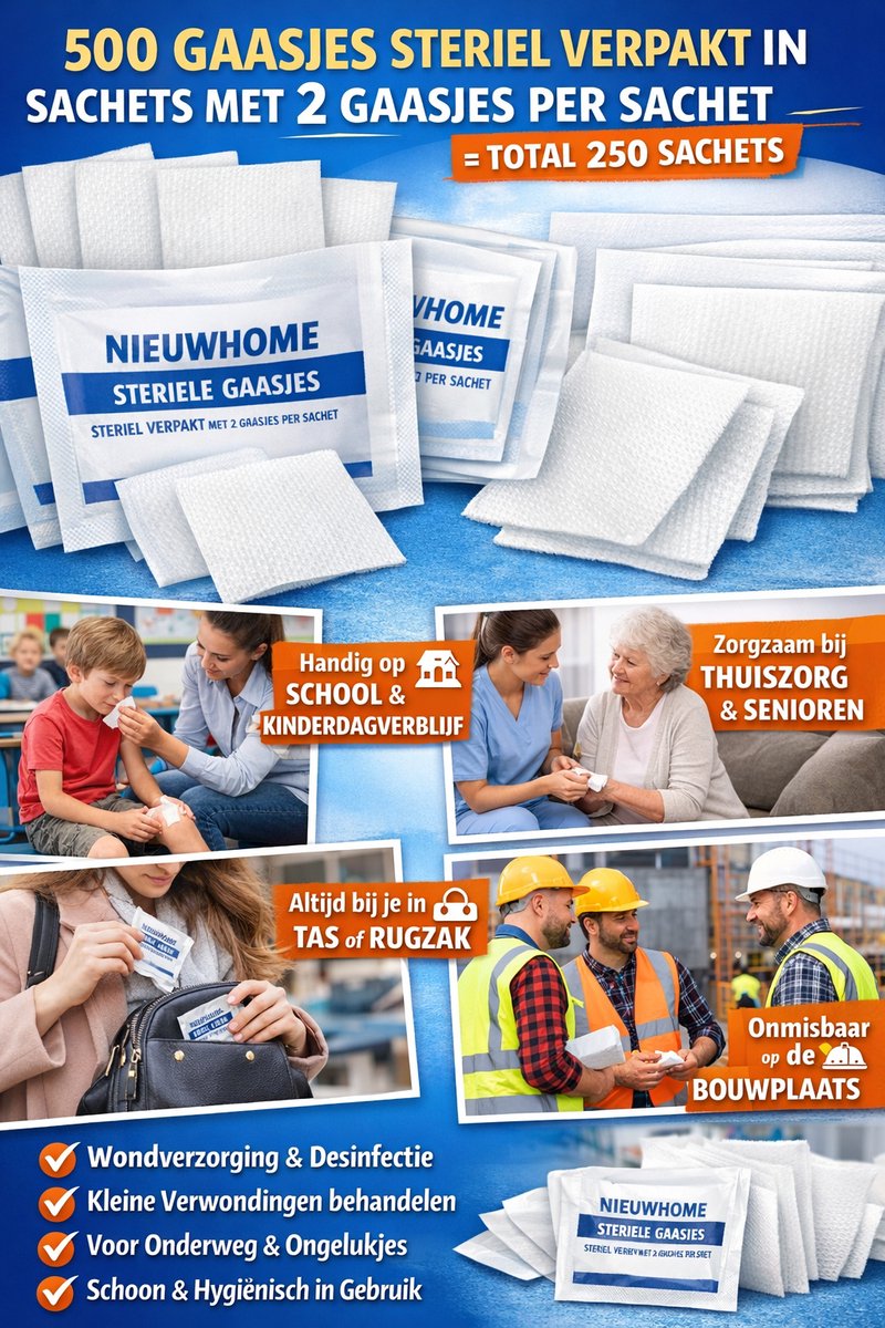 500 steriele gaasjes - gaas kompressen – 20x20 gevouwen in 10x10 cm - non woven - desinfectie of sterilisatie Verpakt in enveloppen van 2 stuks per envelop