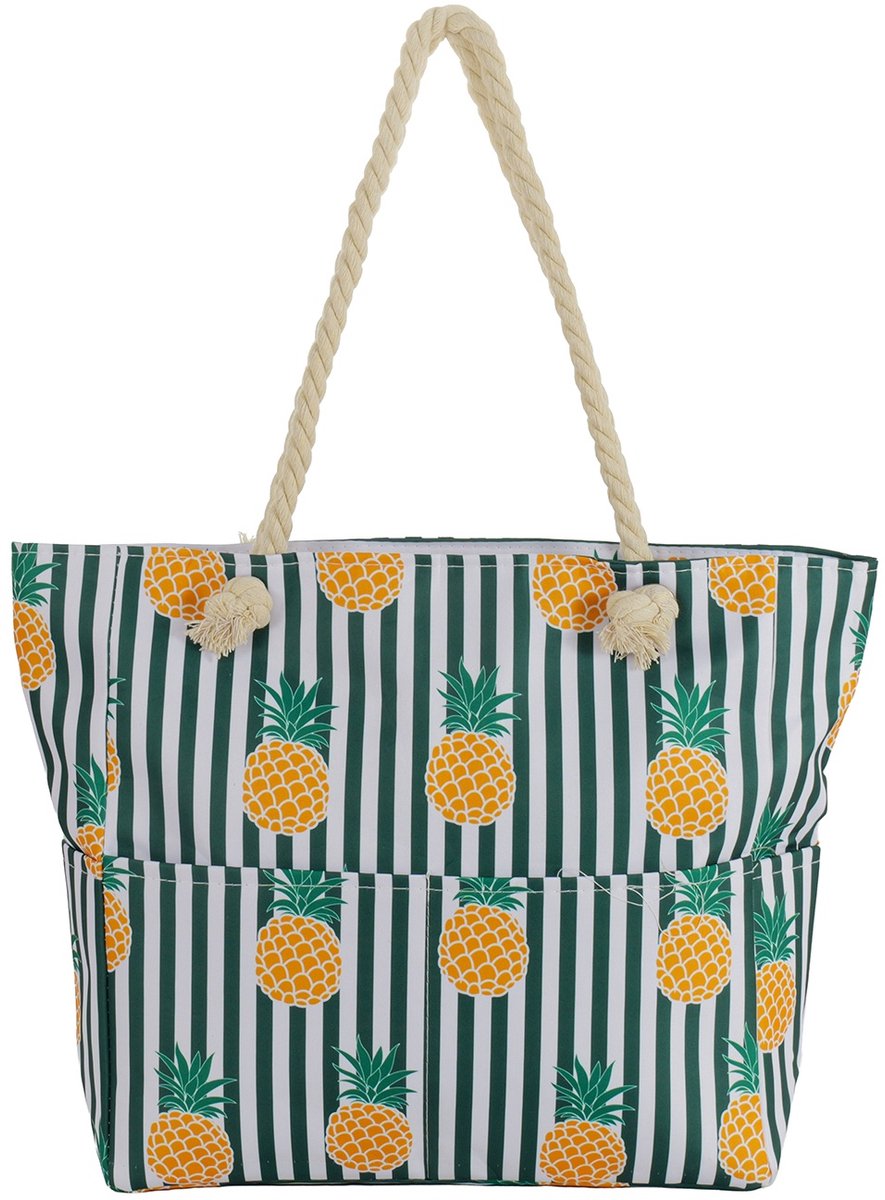 Ultiluxe® Strandtas met Ananas print - Schoudertas met ritssluiting - 51 x 39 x 13 cm - Damestas - Shopper - Groen/wit/geel