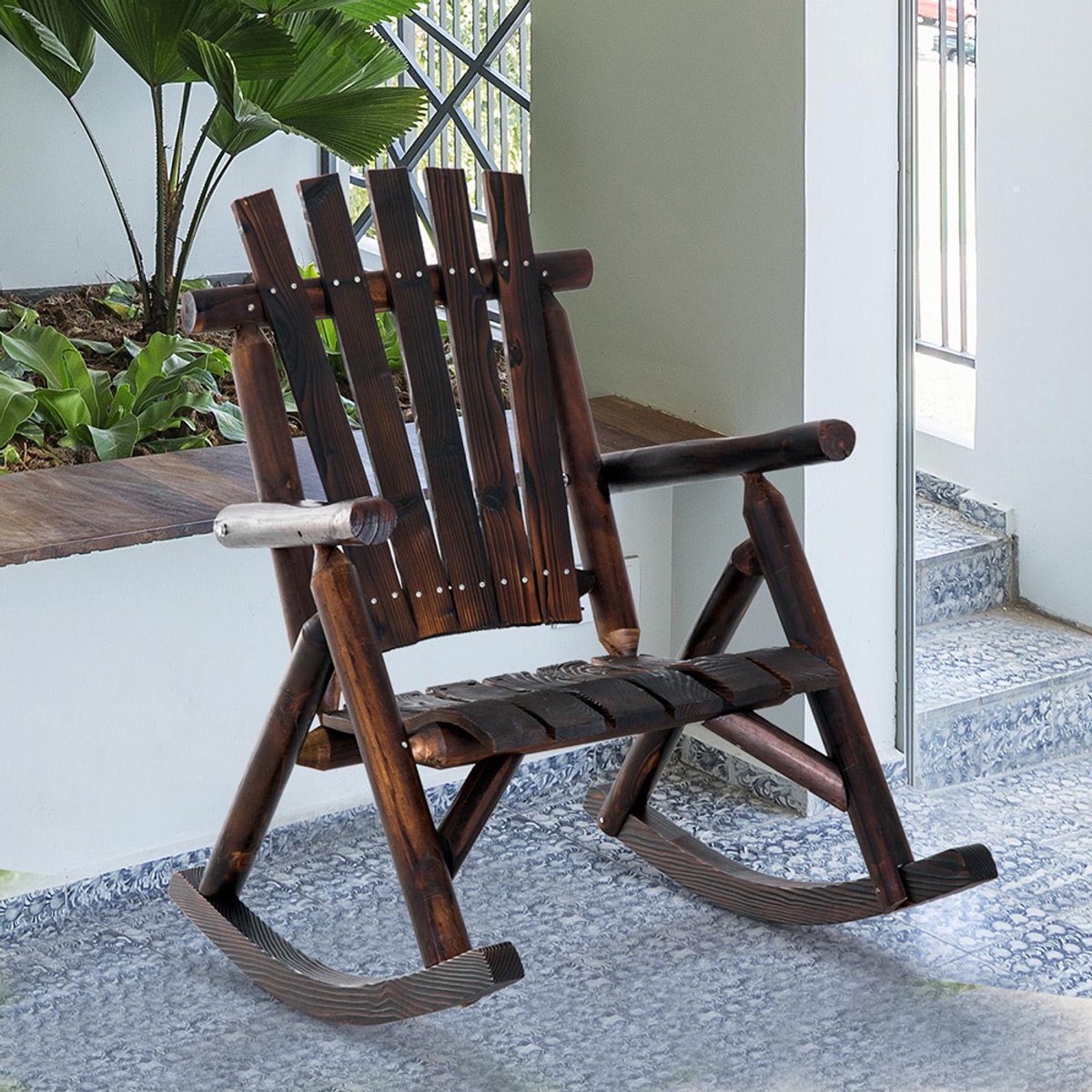 Pugsdrly Schommelstoel met armleuning, weerbestendig, massief hout verkoolt, 97 x 69 x 93 cm