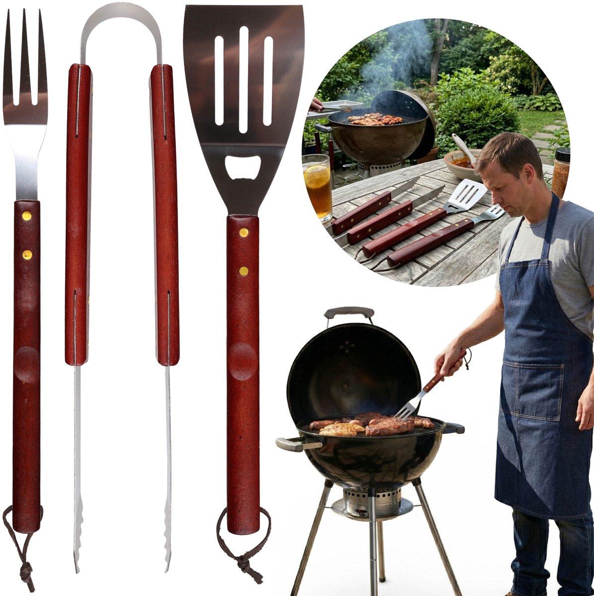 Barbecueset met houten handvat, spatel, tang, barbecuevork – set van roestvrij staal