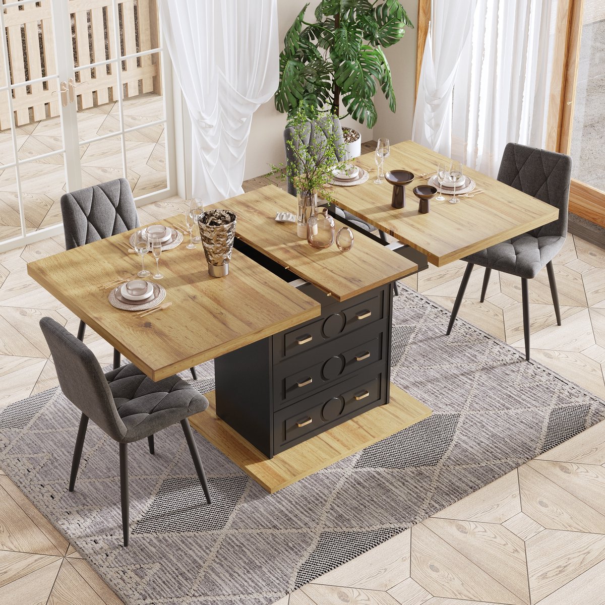 Wishdor Uitschuifbare Eettafel - Met Opbergruimte, Twee Laden En Uitschuifblad - Klassieke Stijl - Voor Keuken En Eetkamer - MDF En Metaal Met Houtlook - Natuurlijke Houtkleur - 110-140 X 80 X 75 Cm Natuurhout