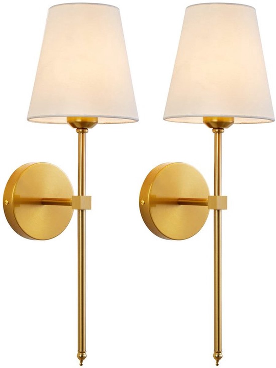 2 Stuks Moderne wandlampen - Wandlamp voor naast het bed in de slaapkamer - Wandverlichting met witte stoffen kap - Geschikt voor slaapkamer, woonkamer, gang en keuken - Goudkleurig