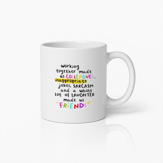 Tasse blanche amusante « De collègues à amis » 330 ml – Tasse à café humour de bureau – Cadeau d'appréciation pour collègues et amis de travail