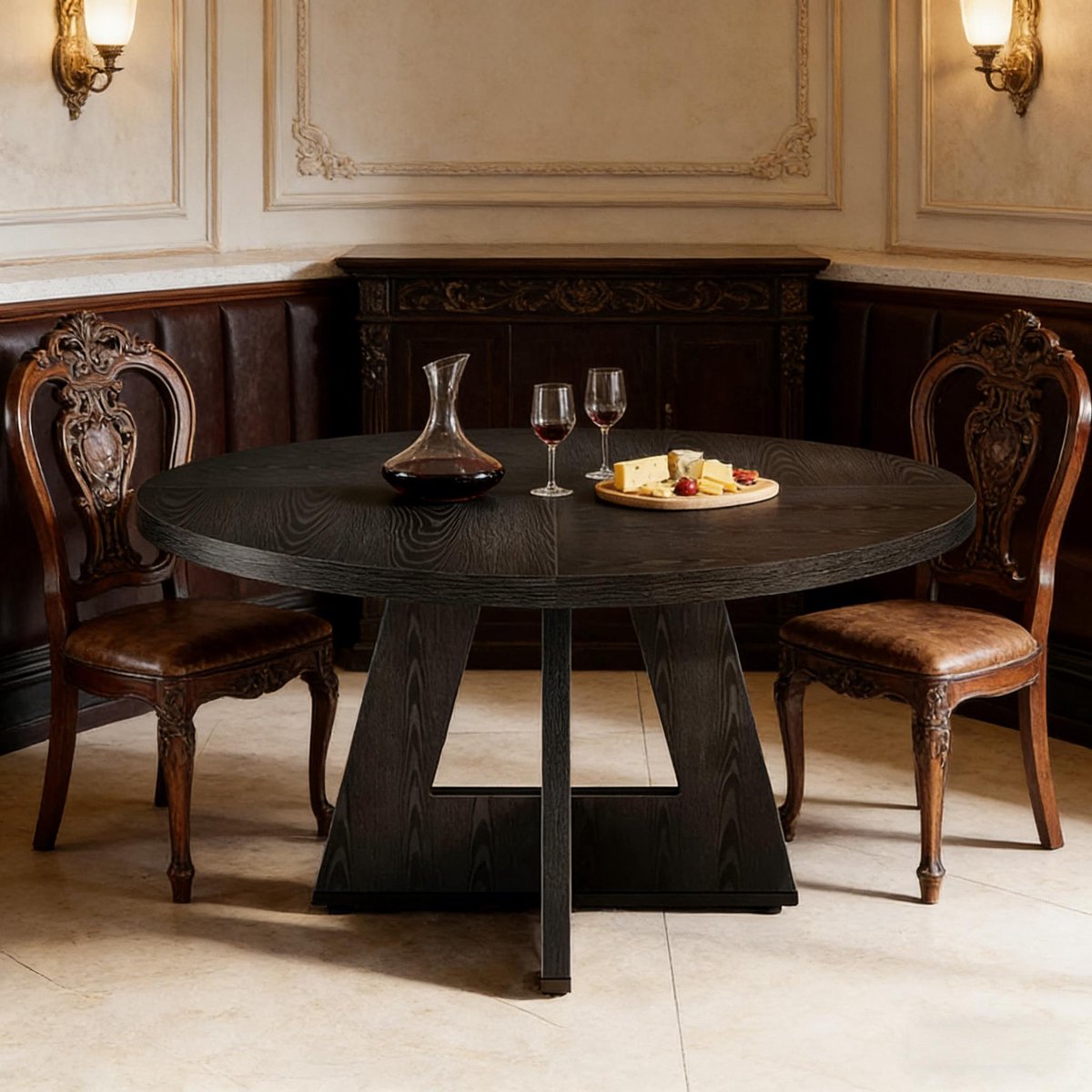 Wishdor Eettafel rond 120 cm - Landelijk boerenhuisdesign - Houtlook - Zwart - Voor 4 personen - Vast model - Inclusief montageonderdelen
