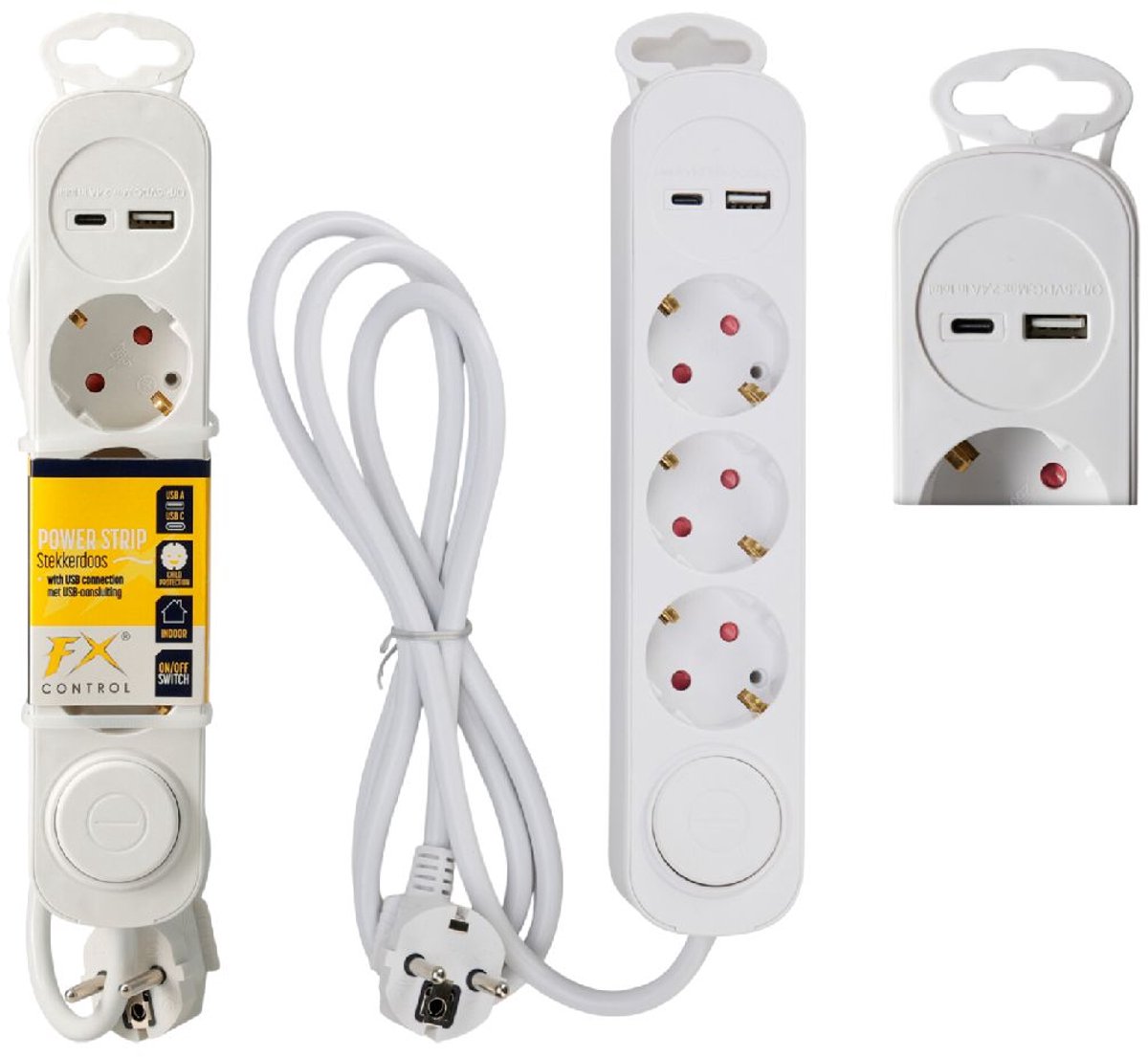van der Meulen stekkerdoos wit 3 weg met USB en schakelaar 140cm.