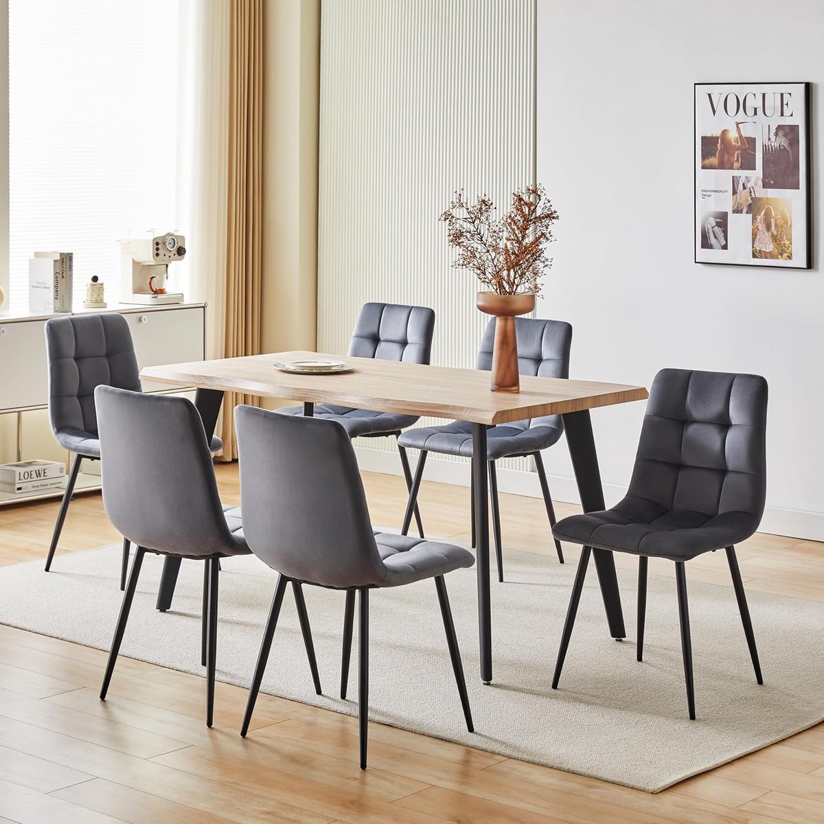 Milano Luxe Velvet Eetkamerstoel Set van 4 Grijs-Zwart 53x45x83 cm Comfortabele Gestoffeerde Dining Chairs met Metalen Poten