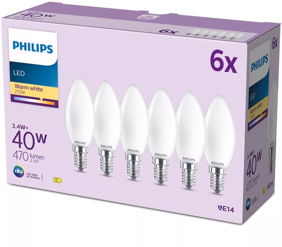 Een verpakking met zes Philips LED kaarslampen. De lampen zijn mat wit met een E14 fitting en geven warm wit licht.