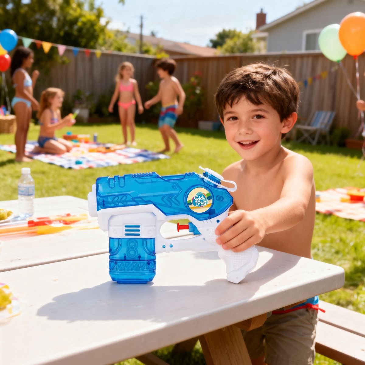 Eddy Toys waterpistool space - lengte 20 cm - inhoud 200 ml - handmatige werking - gemaakt van kunststof - geschikt voor zomerse waterpret buiten - kleuren geel, groen en paars