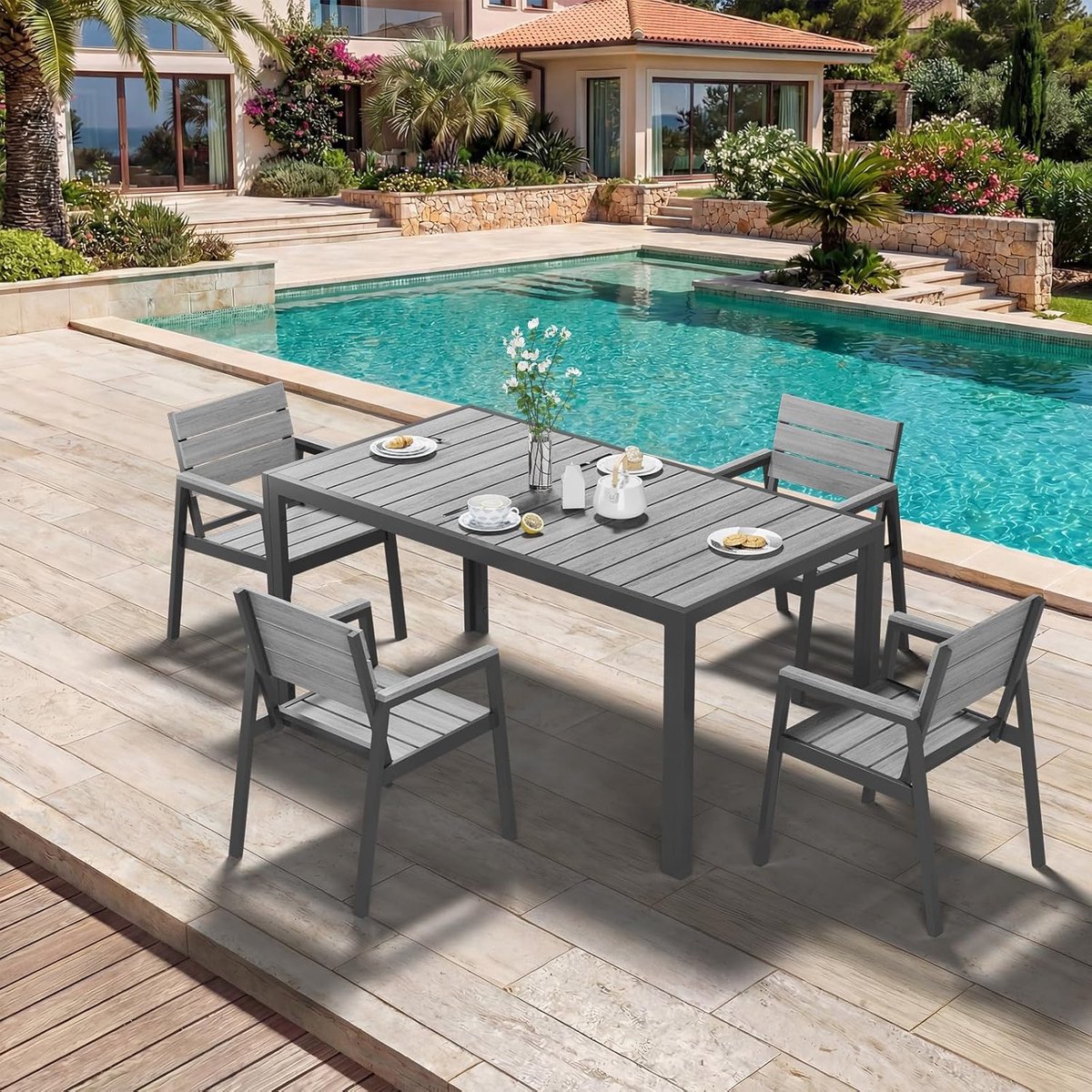 Tuinmeubelset 150x80 cm 4 Personen Aluminium Houtlook Tuintafel met 4 Stoelen en Armleuningen – Weerbestendige Balkon- en Terrasmeubelen Grijs – Laura