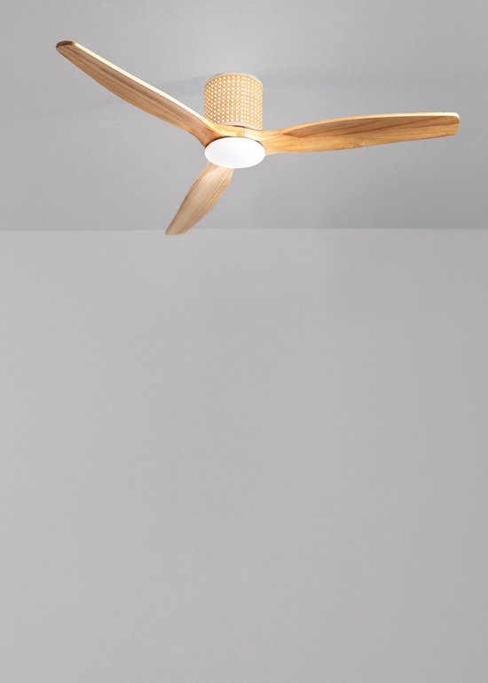 Plafondventilator 40W stil Ø132 cm met LED licht 3 kleuren, zomer-winter functie, riet afwerking, afstandsbediening
