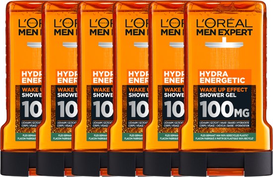 Zes flessen L'Oréal Men Expert Hydra Energetic douchegel op een rij tegen een witte achtergrond.