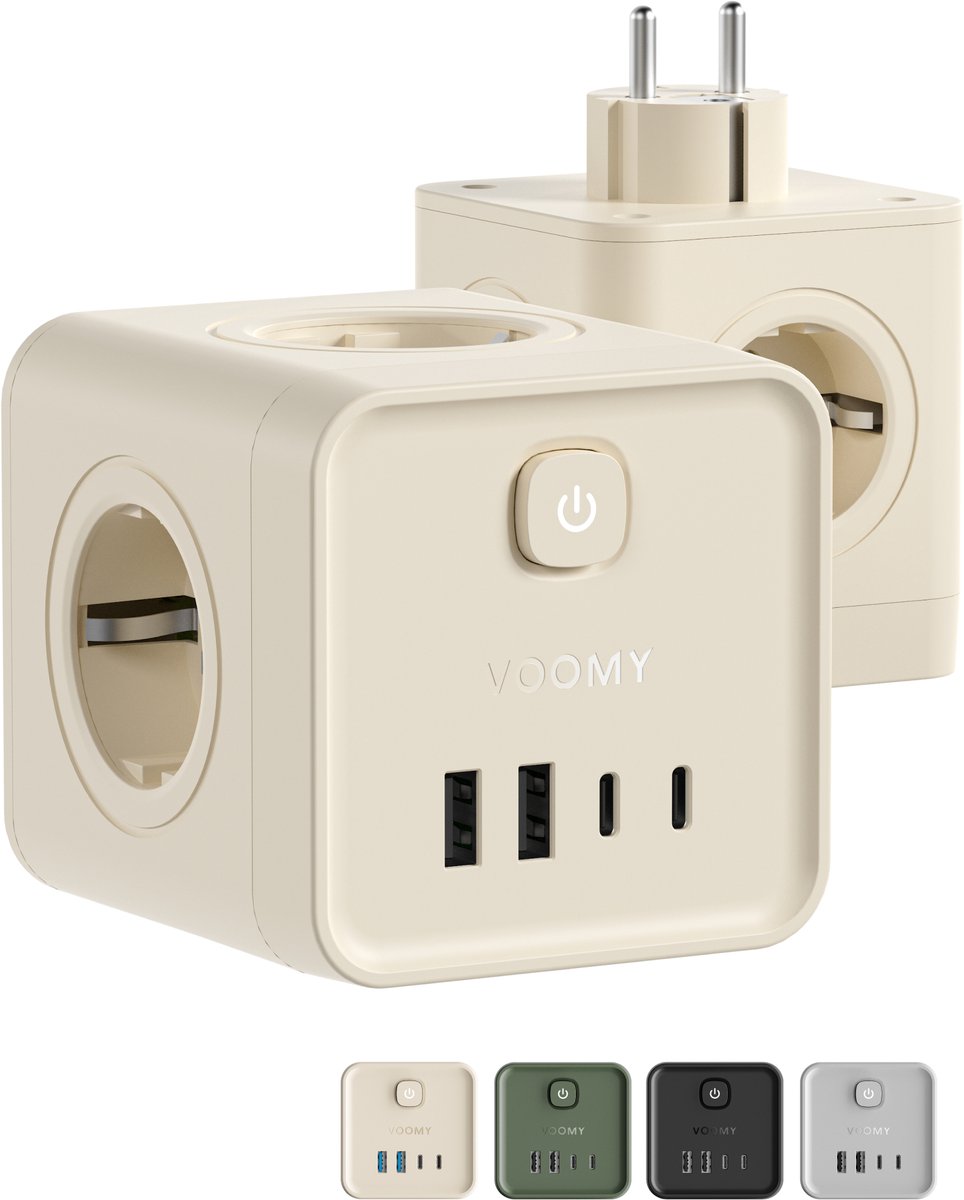 Voomy Verdeelstekker 20W - Stekkerdoos - USB-C & USB-A - Aan/Uit Schakelaar - Stopcontact Splitter - Powercube - Beige