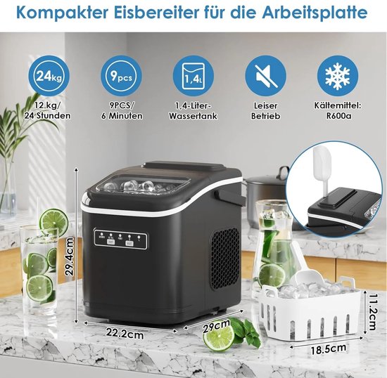 Seth Select Ijsmachine 12kg/24u - Zelfreinigend - Compacte ijsblokjesmaker met Mand & Schep - 9 ijsblokjes klaar in 6 minuten - Zwart van Merkloos — afbeelding 3
