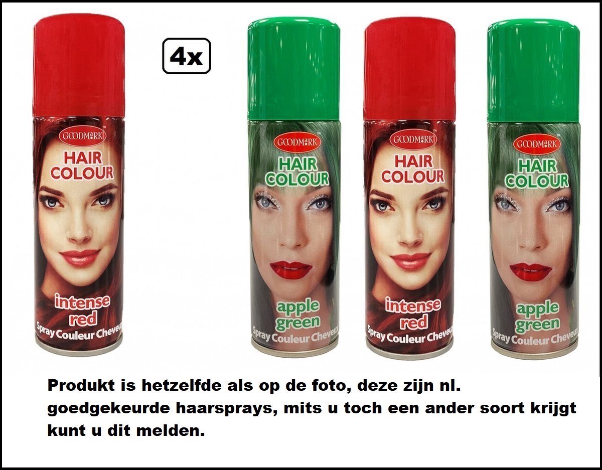 4x Haarverf/haarspray groen-rood 125 ml - Intense red and Apple green - Word bezorgd in doos ivm beschadeging - Festival thema feest carnaval haar kleurspray party