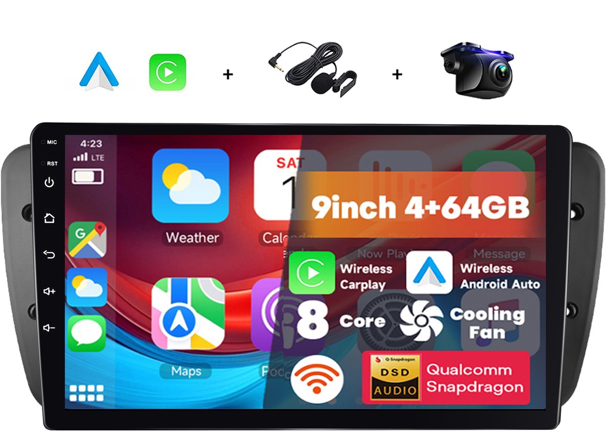 Boscer Autoradio geschikt voor Seat Ibiza 2013 - Android 15 - 9 Inch HD Touchscreen - 8-Core Snapdragon 4+64GB - Interne Koeling - Apple CarPlay & Android Auto - GPS, WiFi, Bluetooth - Camera & Microfoon