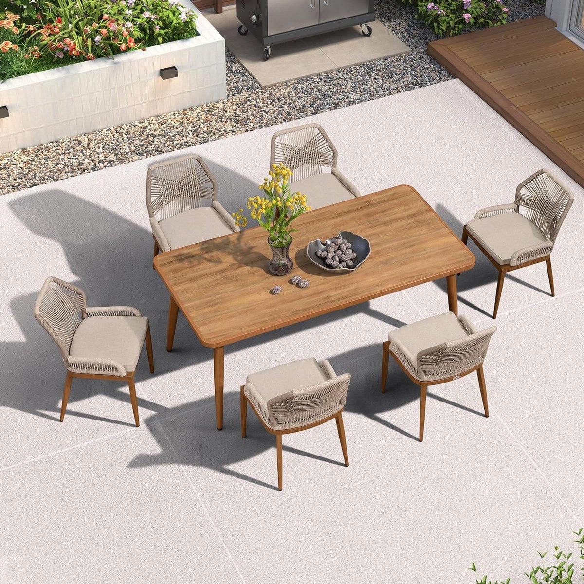 Rattan Tuinset 7-delig 160 x 90 cm – Luxe Polyrattan Tuinmeubel Set voor 6 Personen met Aluminium Frame, Waterdichte Kussens & Moderne Ring Rugleuningen – Weerbestendige Terras en Balkon Set – Urbanhome