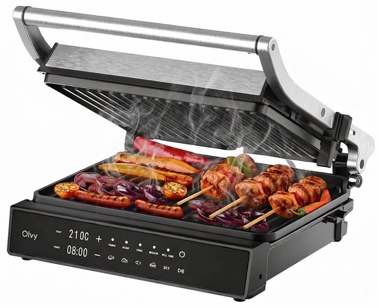 Olvy Contactgrill PRO - Uitneembare PFAS-vrije platen - 180º Uitklapbaar - Vaatwasserbestendig - Met Temperatuurregeling - Panini - Croque Monsieur Toestel - Grill Apparaat - Tosti Ijzer - Apparaten