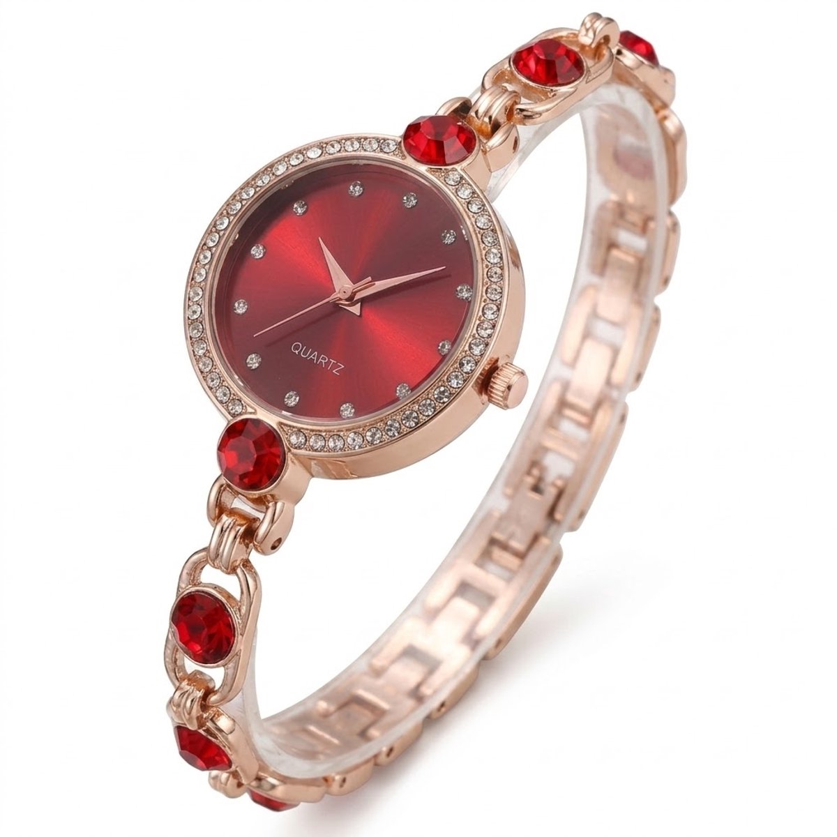 Rood met roségoudkleurig analoog dames horloge met strass en schakel band - elegant polshorloge met ronde wijzerplaat en decoratieve steentjes