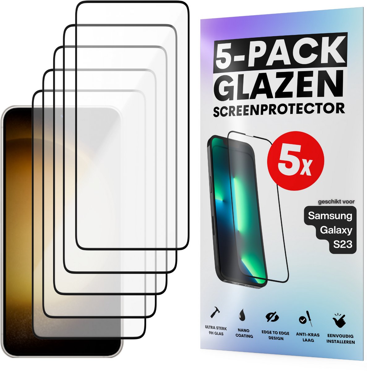 Screenprotector - Geschikt voor Samsung Galaxy S23 - Gehard Glas - Full Cover Tempered Glass - Case Friendly - 5 Pack