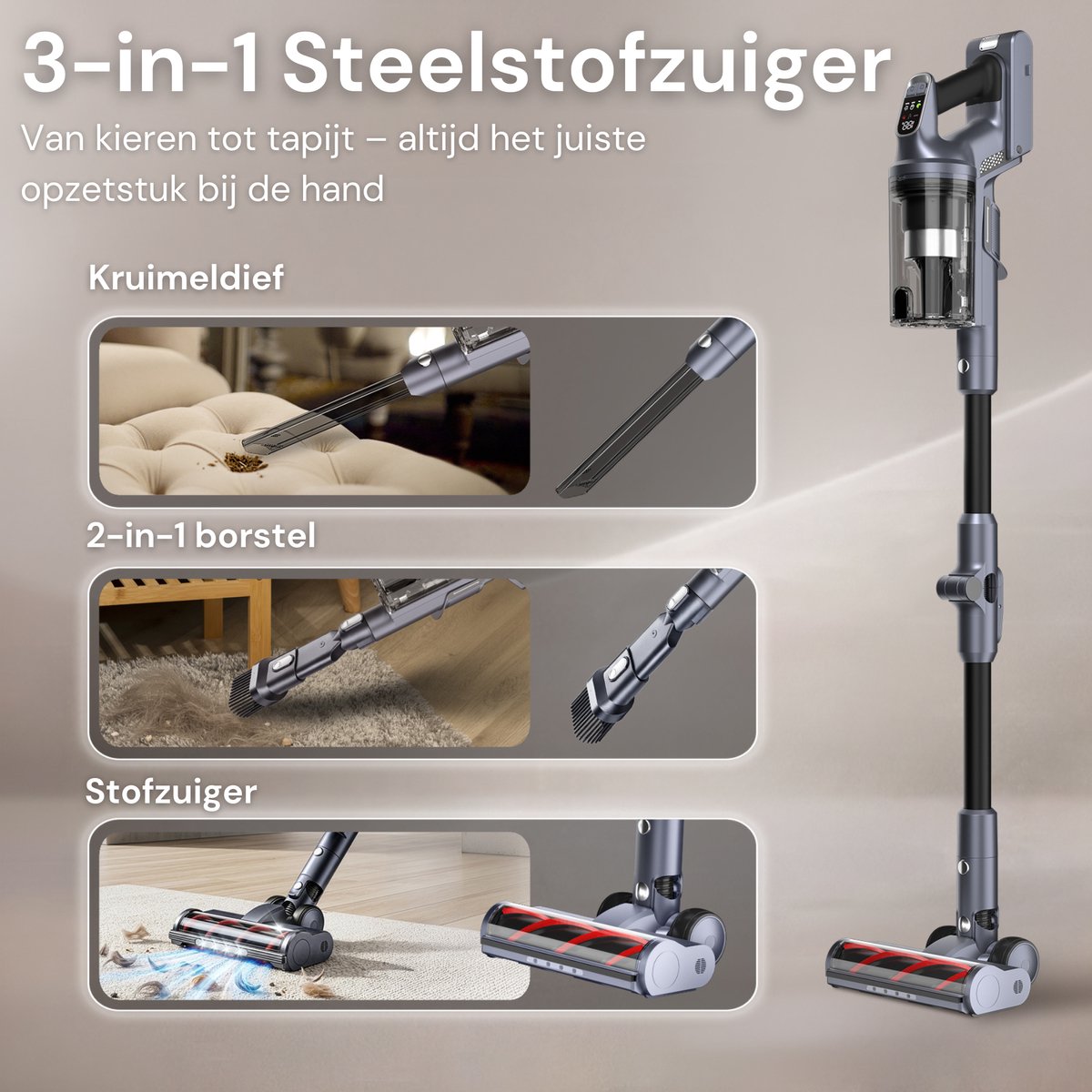 Vesora® 3-in-1 Buigbare Steelstofzuiger Draadloos zonder Zak - FLEX - Draadloze Stofzuiger - Kruimeldief Snoerloos - Vacuum Cleaner - Handstofzuiger - Stofzuiger Steel met Hepa Filter - Stofzuiger Huisdieren - Zakloze Stofzuiger — afbeelding 3