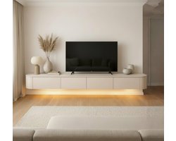 Japandi TV Meubel Beige Mat – Zwevend TV Meubel 280cm – Wandgemonteerd TV Kast met Deuren en Lade – Floating TV Cabinet – Curved Design – Modern Scandinavisch TV Meubel