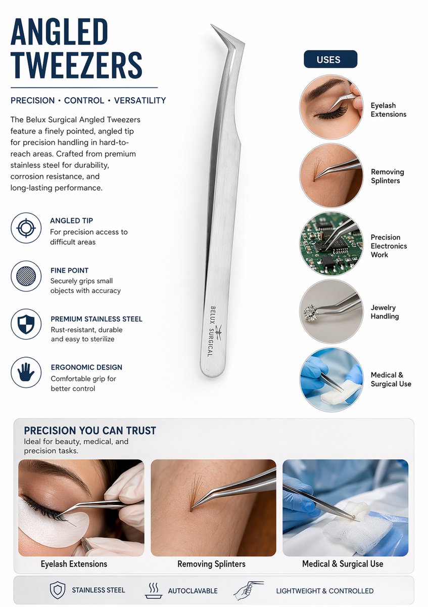 Belux Surgical Gebogen Pincet – RVS Precisie Tweezers met Schuine Punt | Voor Beauty, Medisch & Fijn Werk