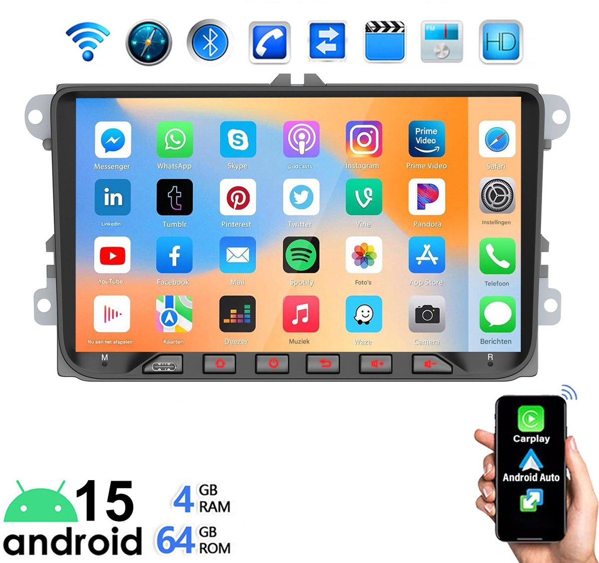 ESSGOO Autoradio voor Volkswagen GOLF 5 EOS Touran Tiguan Polo Seat Skoda - Draadloos Carplay Android Auto - Android 15.0 Systeem - 4+64GB - 9 INCH IPS touchscreen - GPS Bluetooth Wifi TypeC