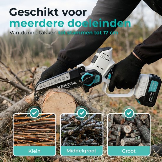 VENTRA® - Mini Kettingzaag - Heggenschaar 21V Accu - Handkettingzaag - Snoeizaag - Takkenzaag - 3000mAh - Inclusief 2 Accu's en 4 Kettingen van Ventra — afbeelding 5