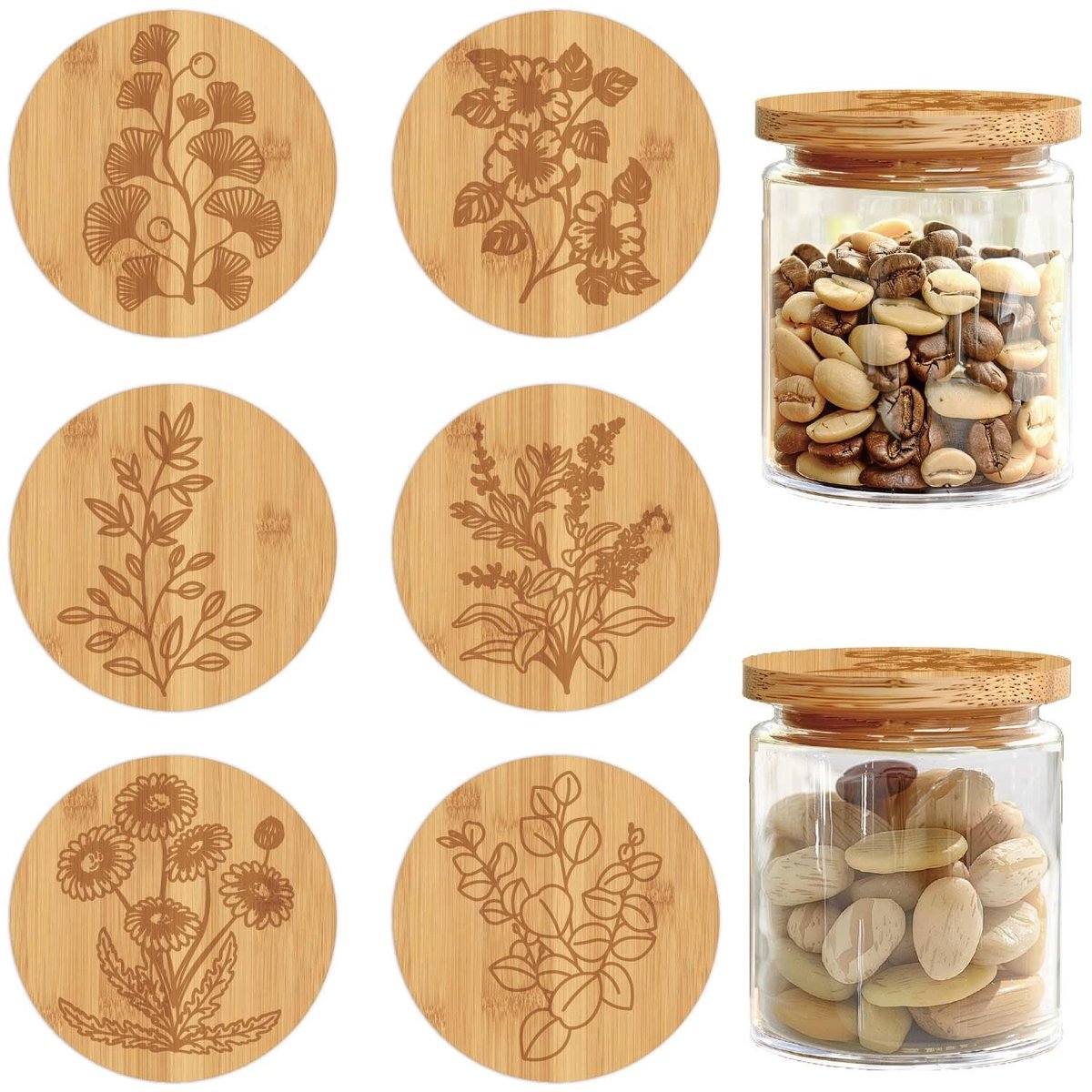 CRASPIRE Bamboe Lijsten voor Yoghurtpotten - Set van 6 - Natuurlijke Houten Deksel met Siliconen Ring