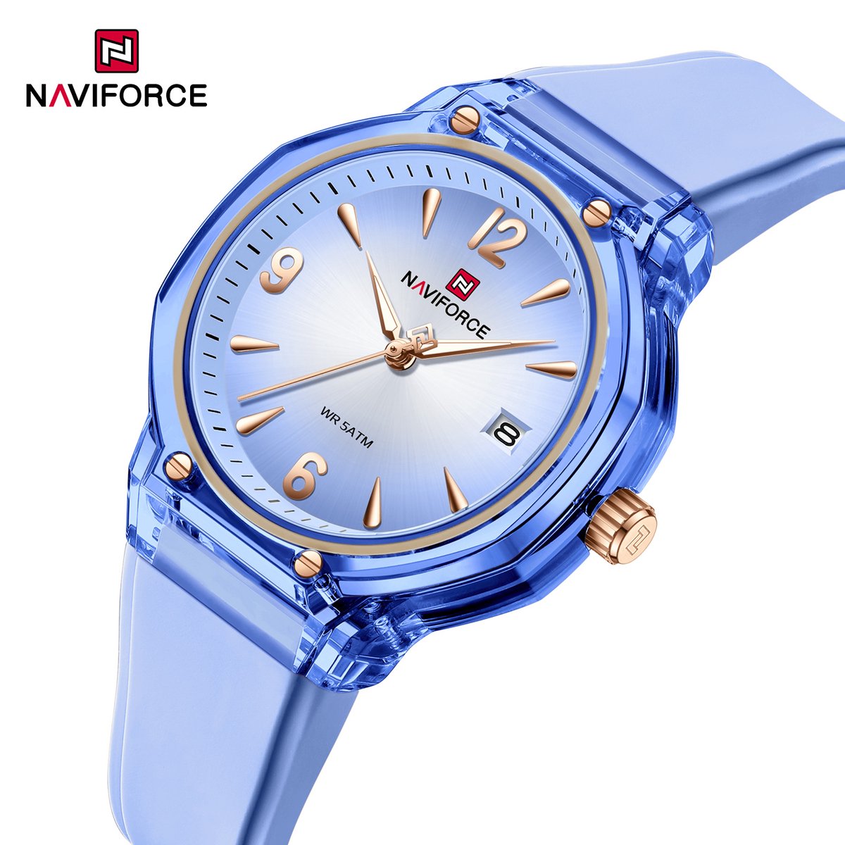 NAVIFORCE horloge met lichtblauwe gefumeerde siliconen polsband, blauwe transparante horlogekast en blauwe wijzerplaat voor dames met stijl ( Model 6110 LBELBE )