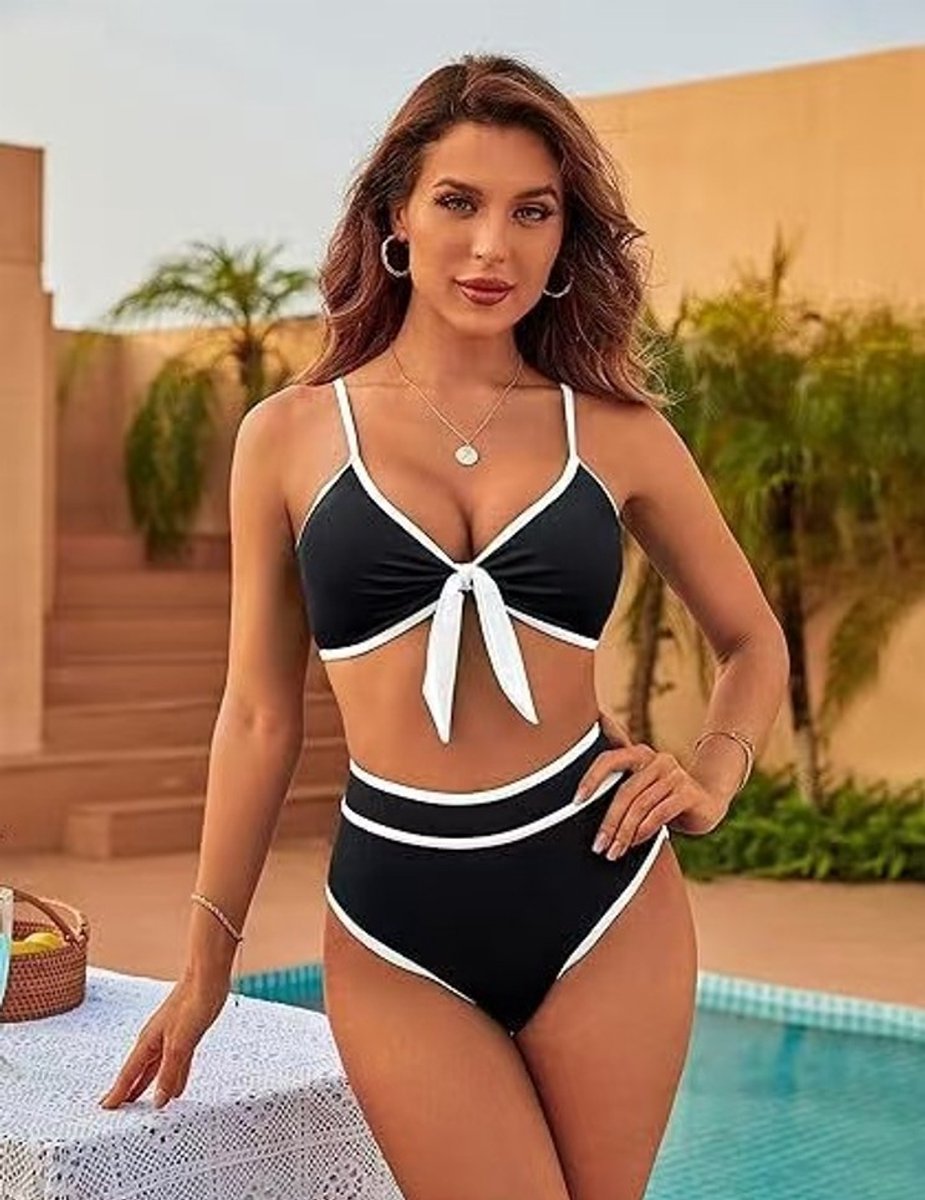 SUNMOOL Dames Hoge Taille Bikini Set - Zwemkleding - Zwart - Maat : 2XL